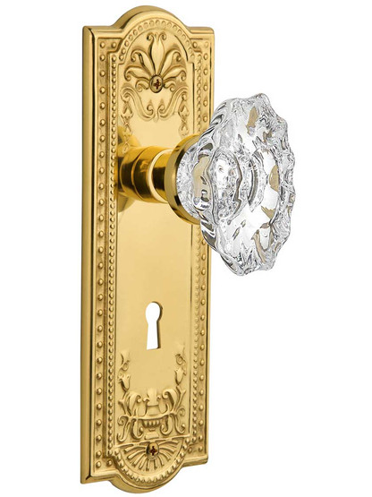 Meadows Design Door Set with Keyhole and Chateau Crystal Glass Knobs in Polished Brass.